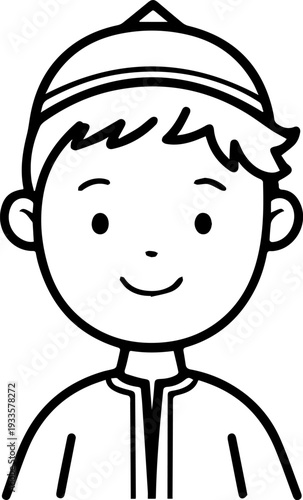 Smiling boy wearing traditional Muslim cap and kurta Black and white vector illustration
