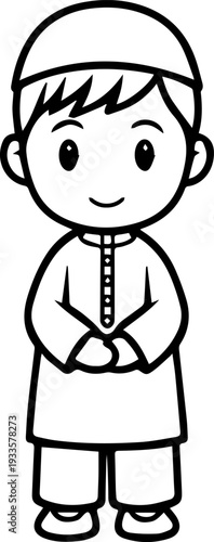 Smiling boy wearing traditional Muslim cap and kurta Black and white vector illustration
