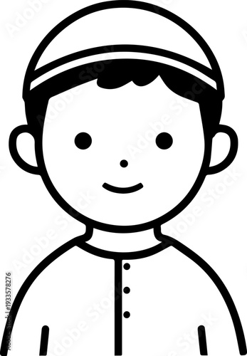 Smiling boy wearing traditional Muslim cap and kurta Black and white vector illustration
