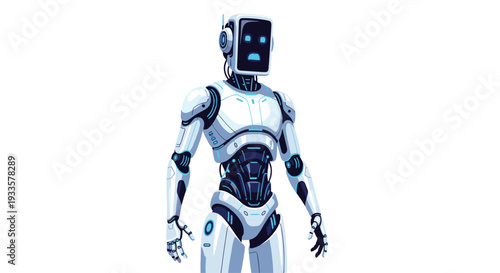 A sophisticated humanoid robot, primarily white with blue accents and intricate mechanical details, stands upright against a plain white background.