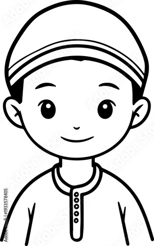 Smiling boy wearing traditional Muslim cap and kurta Black and white vector illustration
