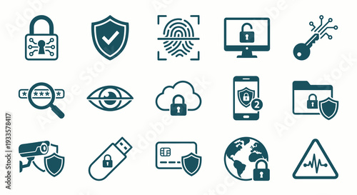 Set of 15 monochrome icons for cybersecurity and data privacy. Digital protection collection. Vector illustration for internet security, privacy, and encryption concepts. Strictly single color.