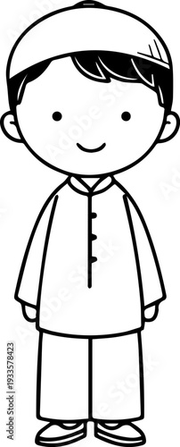 Smiling boy wearing traditional Muslim cap and kurta Black and white vector illustration
