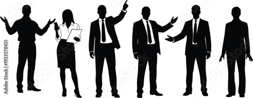 Set of professional business people silhouettes including successful office workers, corporate managers, elegant businesswoman, and male entrepreneurs posing for presentation.
