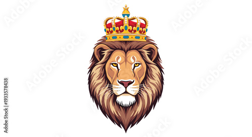 A detailed pixelated illustration of a majestic lion's head with a brown mane wearing a red and gold crown on a white background.