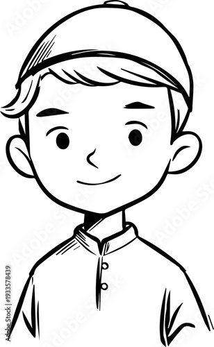 Smiling boy wearing traditional Muslim cap and kurta Black and white vector illustration
