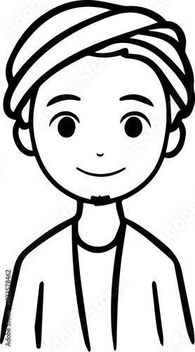 Smiling boy wearing traditional Muslim cap and kurta Black and white vector illustration
