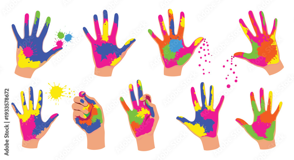 Fototapeta premium Ten flat-design illustrations of open hands heavily splattered with vibrant multi-colored paint, some dripping or throwing paint.