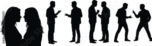 Set of silhouettes representing various stages of human interaction from intimate conversation and friendly discussion to intense argument and conflict
