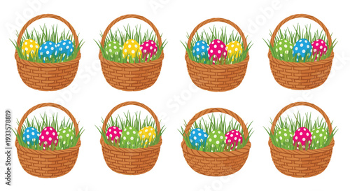 Eight identical illustrations of wicker baskets filled with green grass and three brightly colored polka-dotted Easter eggs on a white background.