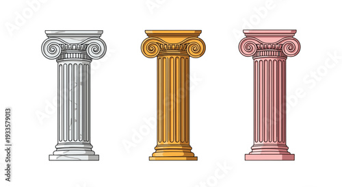 Three distinct ancient Greek Ionic column capitals, featuring prominent volutes and fluted shafts, are presented in white, gold, and pink hues on a clean white background.