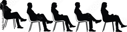 Silhouette of people sitting in chairs in a row waiting in line for interview business audience group in office lobby