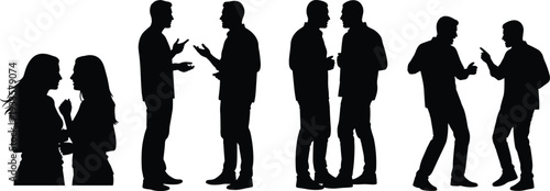 Silhouettes of diverse people in pairs standing and talking, communicating, gesturing, and arguing in social groups for business and community