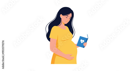 A pregnant woman with long dark hair, wearing a yellow dress, gently cradles her baby bump with one hand while holding a blue baby book in the other, standing against a white background.