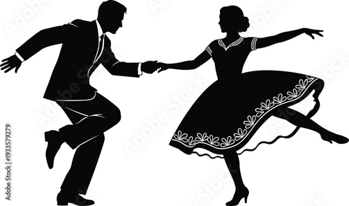 Vintage Mid Century Silhouette of a Joyful Couple Dancing Swing or Lindy Hop in Formal Retro Attire on White Background