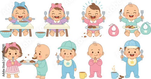 Cute baby eating food with spoon and bowl, happy infant mealtime and feeding moments, healthy nutrition and baby care concept, colorful flat vector illustration set