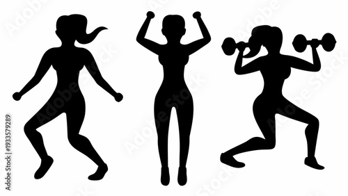 Women exercising with dumbbells in dynamic fitness poses