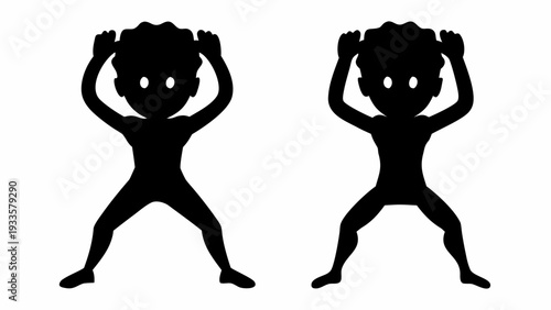 Two cartoon characters in dynamic dance poses with arms raised