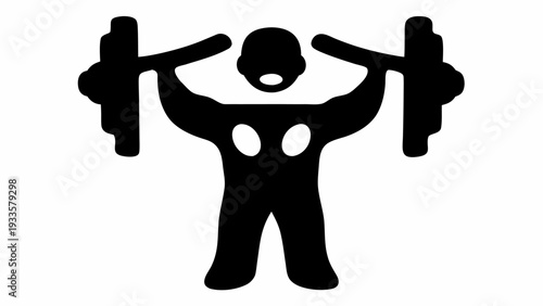 Man lifting weights in strong motion with arms raised high