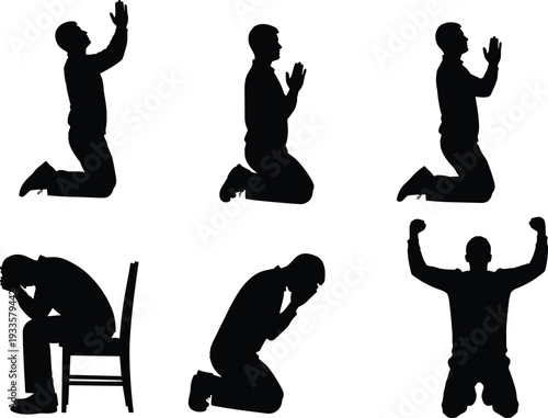 Man silhouette in prayer and emotional distress set featuring kneeling worship poses sitting in despair crying and praising with joy