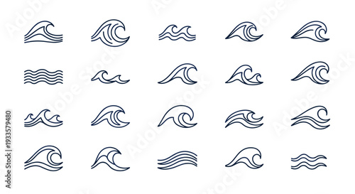 A minimalist collection of twenty unique dark blue outlined ocean wave icons, depicting various forms and dynamics, is arranged on a pristine white background.