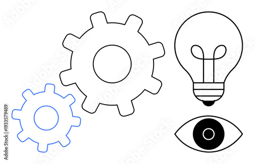 Technology concept. Gears, light bulb, and eye innovation, problem-solving, and vision. Technology connecting ideas to solutions. For creativity, teamwork industry innovation design thinking