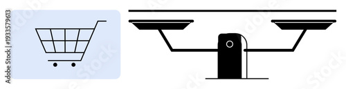 Ecommerce, trade, consumer choices, comparison, market analysis, decision making. Shopping cart icon next to a balance scale. Ecommerce and trade through contrasting icons