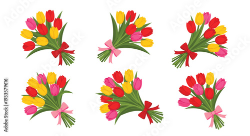 Six distinct, vibrant bouquets of red, yellow, and pink tulips, elegantly tied with colorful ribbons, are arranged without containers on a pristine white background.