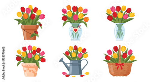 Six vibrant bouquets of red, yellow, and pink tulips are beautifully arranged in diverse containers including pots, vases, and a basket on a white background.