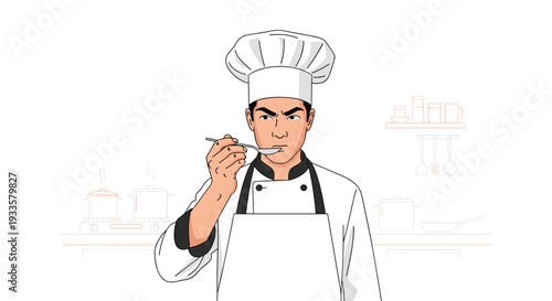 A serious male chef in a white uniform and tall toque is critically tasting food from a spoon while looking directly forward in a minimalist kitchen.