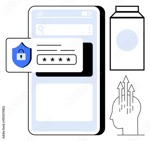 Cybersecurity concept. Mobile device password protection and shield security. Cybersecurity ensures protection of personal data and prevents breaches. For IT, online safety, fintech, apps, learning