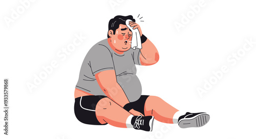 An exhausted overweight man in a grey t-shirt and black shorts is sitting on the ground, wiping sweat from his forehead with a white towel.