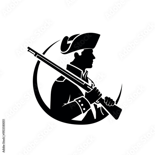 American Revolutionary War Minuteman Soldier with Musket Rifle Silhouette.