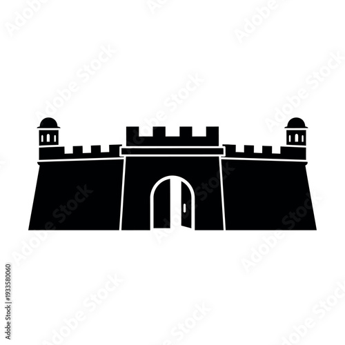 Ancient Fortification Silhouette with Towers and Open Gate.