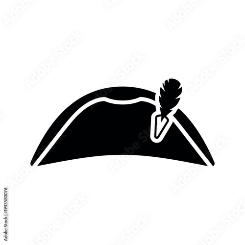 Bicorne hat with feather black silhouette icon.