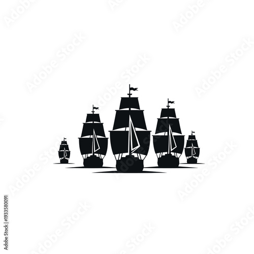 Fleet of five sailing ships in silhouette.