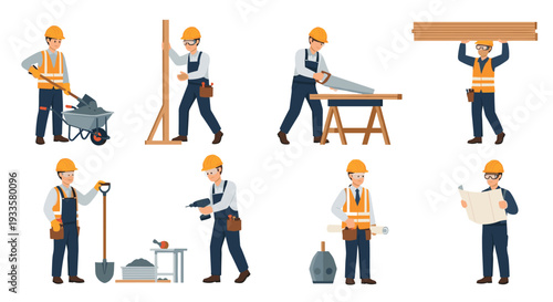 A collection of eight male construction workers in yellow hard hats and safety vests performing diverse building tasks on a white background.