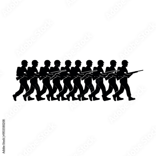 Silhouette of soldiers marching in a line with rifles.