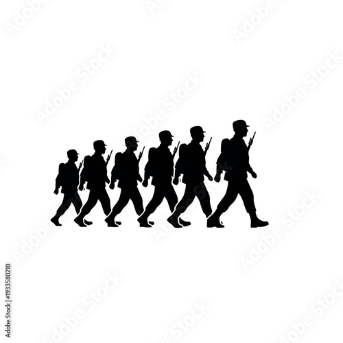 Silhouette of soldiers marching in a line.