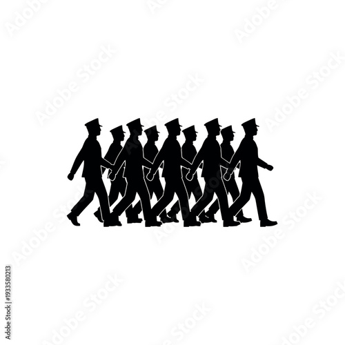 Silhouette of soldiers marching in formation.