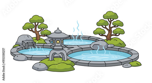 A serene Japanese-style outdoor hot spring with three steaming blue pools, surrounded by rocks, grass, and bonsai trees, featuring a stone lantern.