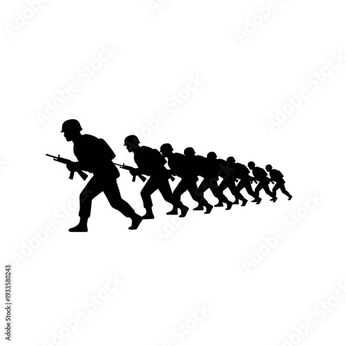 Silhouette of soldiers running with rifles in a line.