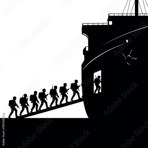 Soldiers Boarding Ship Silhouette.