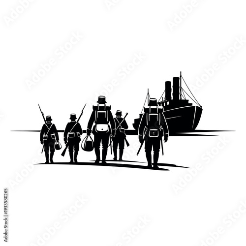 Soldiers with rifles and backpacks walking towards a ship.