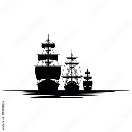 Three sailing ships in silhouette on the water.