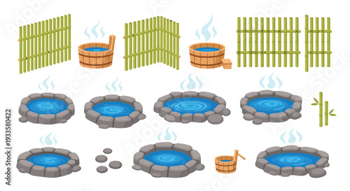 A vibrant collection of steaming blue hot spring pools, green bamboo fences, and rustic wooden buckets are presented on a clean white backdrop.