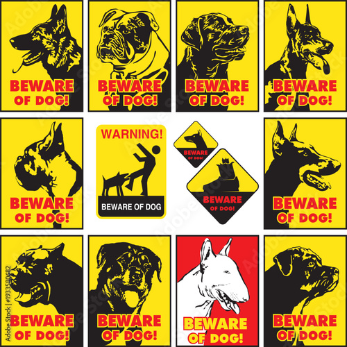 Collection of yellow and red warning signs featuring "Beware of Dog" text with silhouettes of various breeds like German Shepherd, Rottweiler, Doberman, and Bull Terrier.