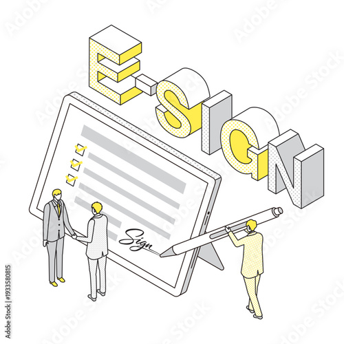 電子サインで契約成立するビジネスイラスト