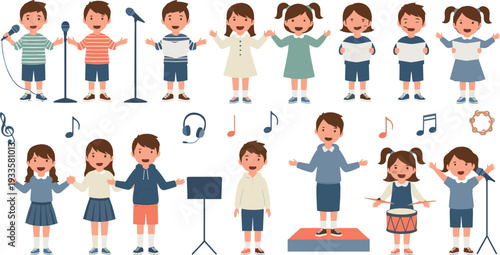 Cute children singing together with microphones, happy kids choir and music performance activities, school concert and talent show concept, colorful flat vector illustration set