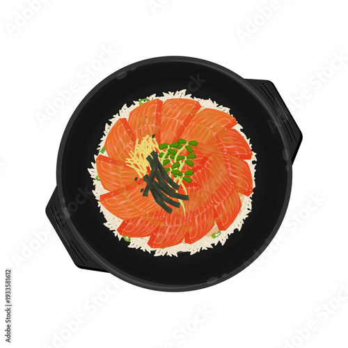 Vector Illustration logo Clip art Top View Yeoneojang or raw marinated salmon with Rice